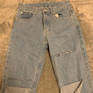 Medium Blue High Waist Non-Stretch Straight Leg Jeans (Distressed)